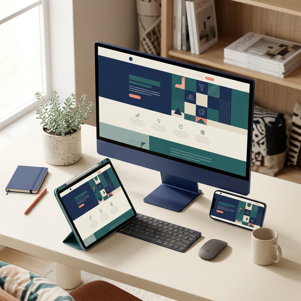 Responsive website layout displayed on monitor, tablet, and smartphone