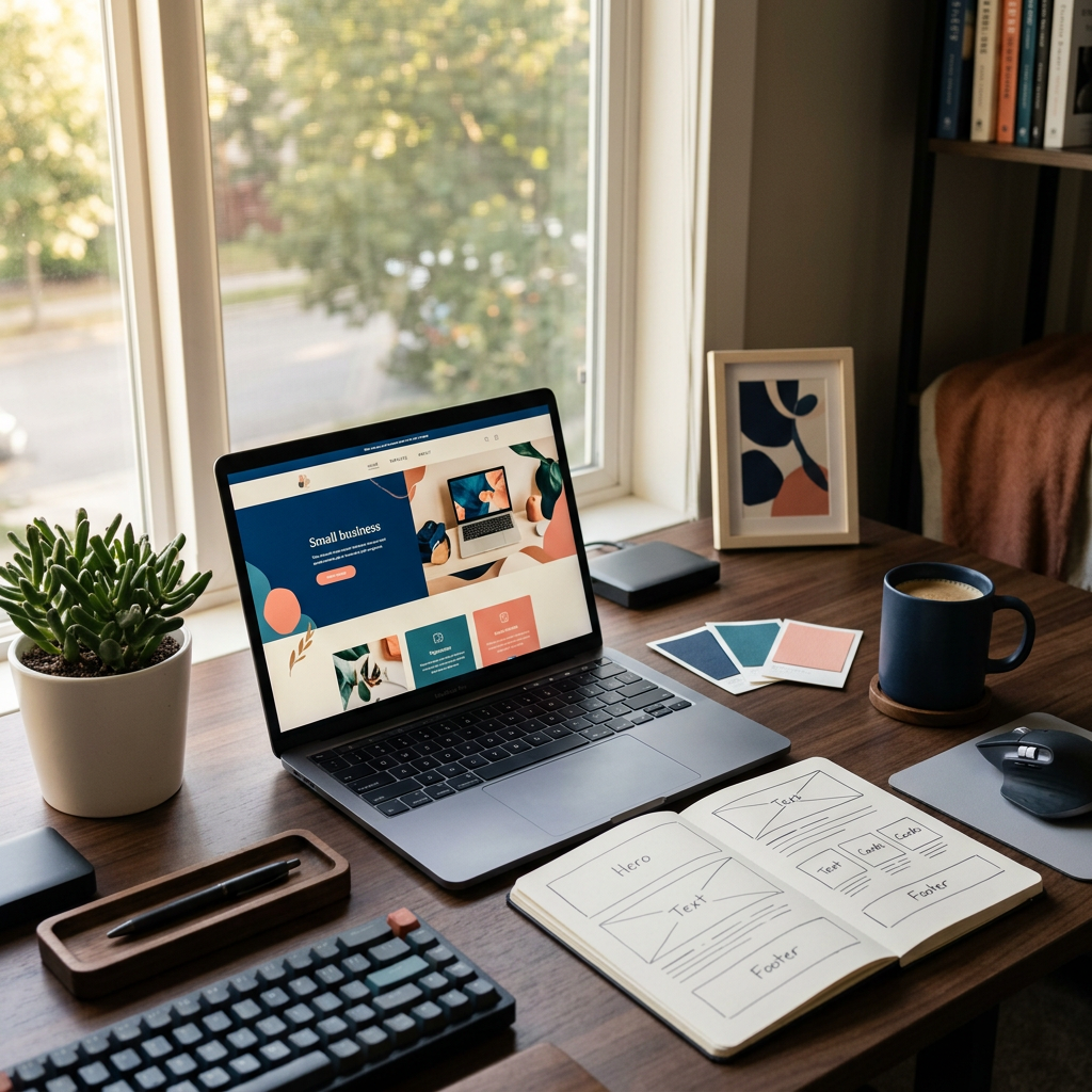 Laptop displaying a small business website beside a wireframe notebook