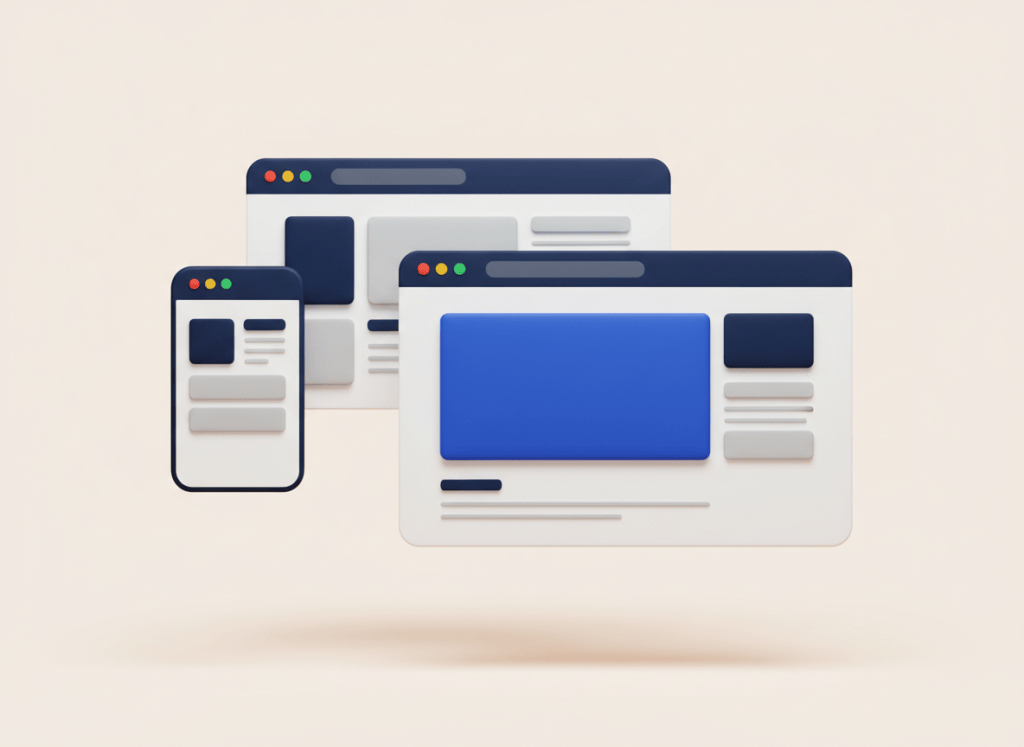 Illustration of website layouts on desktop and mobile screens.